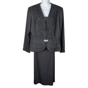 Justin Taylor Black Soutache Embroidered Skirt Suit Set Rhinestone Brooch 16